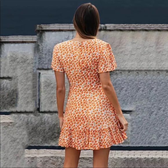 Orange Boho Floral Gypsy Print Short Sleeve Dress - Picture 4 of 8
